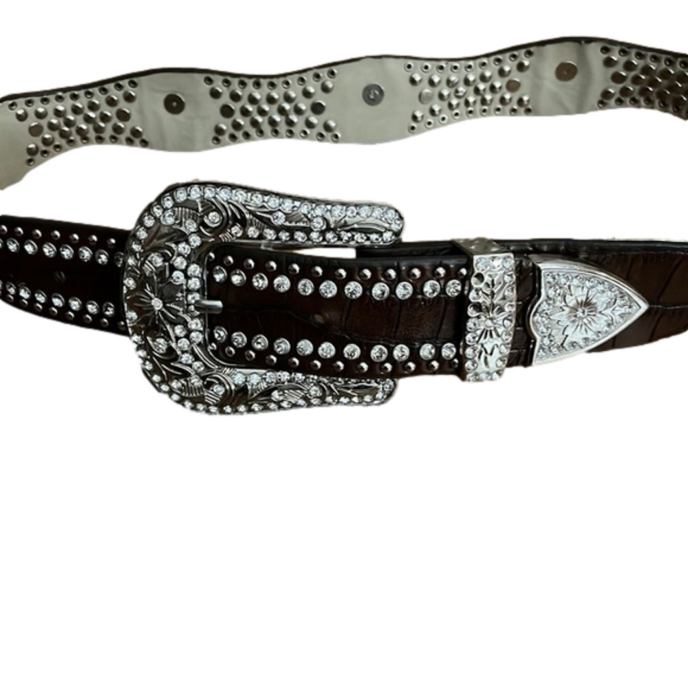 WESTERN leather rhinestone belt, measure 35” from last hole on belt to prong
